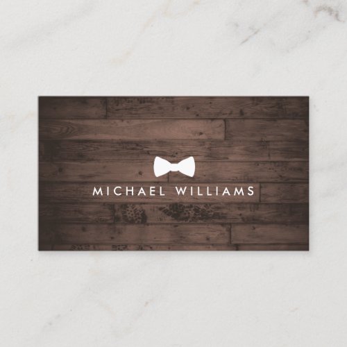 Rustic Refined Mens Bow Tie Logo on Brown Wood Business Card