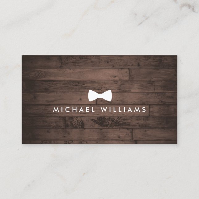 Rustic Refined Men's Bow Tie Logo on Brown Wood Business Card (Front)