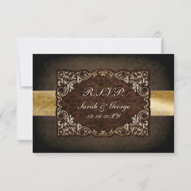 Rustic Regal Ornamental Brown And Gold Wedding RSVP Card (Front)
