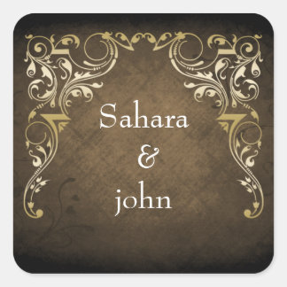 Rustic Regal Ornamental Brown And Gold Wedding Square Sticker