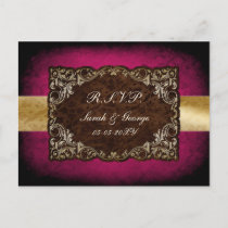 Rustic Regal Ornamental Fuchsia And Gold Wedding Invitation Postcard