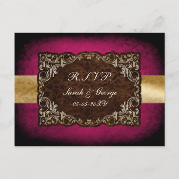 Rustic Regal Ornamental Fuchsia And Gold Wedding Invitation Postcard