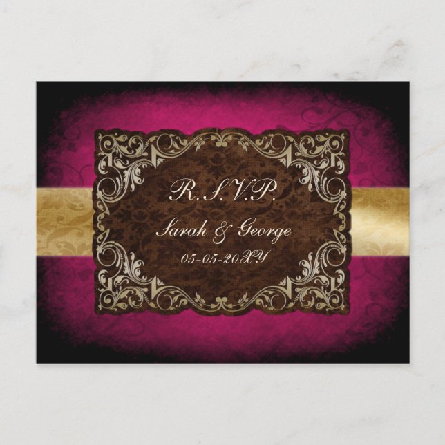 Rustic Regal Ornamental Fuchsia And Gold Wedding Invitation Postcard (Front)