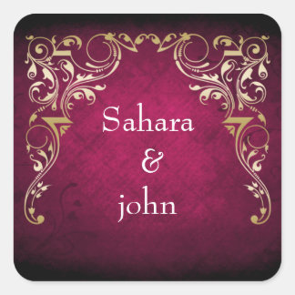 Rustic Regal Ornamental Fuchsia And Gold Wedding Square Sticker