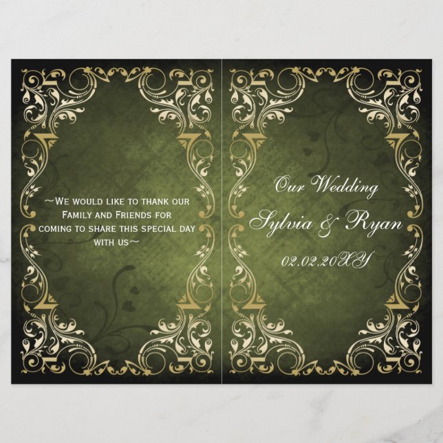 Rustic Regal Ornamental Green And Gold Wedding (Front)