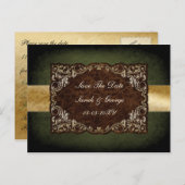 Rustic Regal Ornamental Green And Gold Wedding Announcement Postcard (Front/Back)