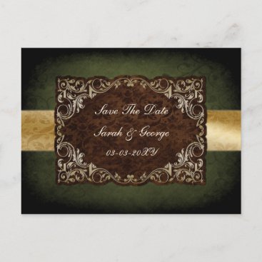 Rustic Regal Ornamental Green And Gold Wedding Announcement Postcard
