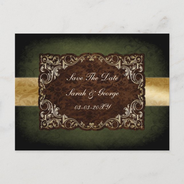 Rustic Regal Ornamental Green And Gold Wedding Announcement Postcard (Front)