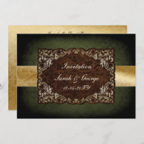 Rustic Regal Ornamental Green And Gold Wedding Invitation