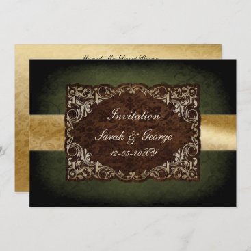 Rustic Regal Ornamental Green And Gold Wedding Invitation