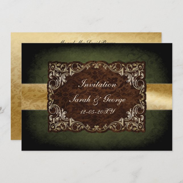Rustic Regal Ornamental Green And Gold Wedding Invitation (Front/Back)