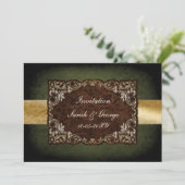 Rustic Regal Ornamental Green And Gold Wedding Invitation (Standing Front)