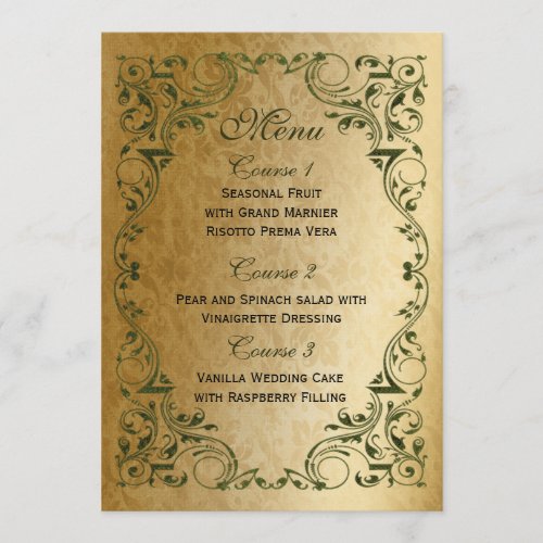 Rustic Regal Ornamental Green And Gold Wedding Menu
