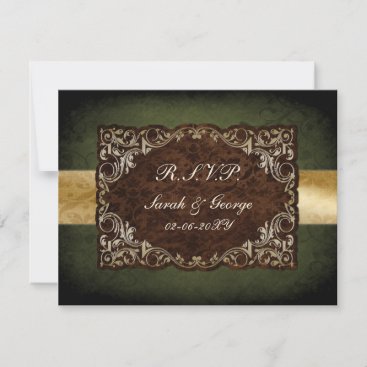 Rustic Regal Ornamental Green And Gold Wedding RSVP Card