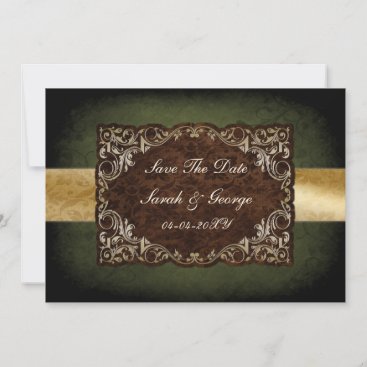 Rustic Regal Ornamental Green And Gold Wedding Save The Date