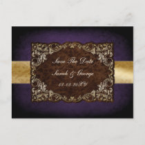 Rustic Regal Ornamental Purple And Gold Wedding Announcement Postcard