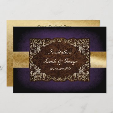 Rustic Regal Ornamental Purple And Gold Wedding Invitation