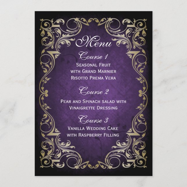 Rustic Regal Ornamental Purple And Gold Wedding Menu (Front)