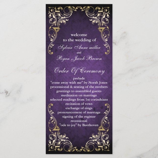 Rustic Regal Ornamental Purple And Gold Wedding Program (Front)