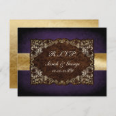 Rustic Regal Ornamental Purple And Gold Wedding RSVP Card (Front/Back)
