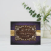 Rustic Regal Ornamental Purple And Gold Wedding RSVP Card (Standing Front)