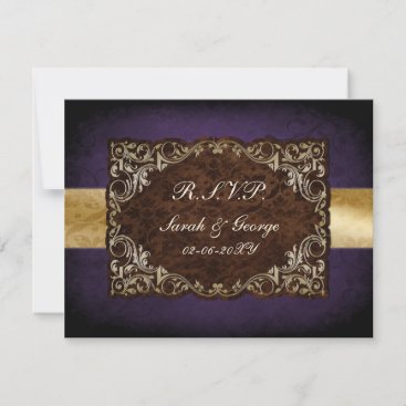 Rustic Regal Ornamental Purple And Gold Wedding RSVP Card