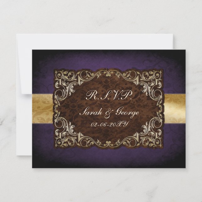 Rustic Regal Ornamental Purple And Gold Wedding RSVP Card (Front)