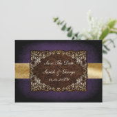 Rustic Regal Ornamental Purple And Gold Wedding Save The Date (Standing Front)