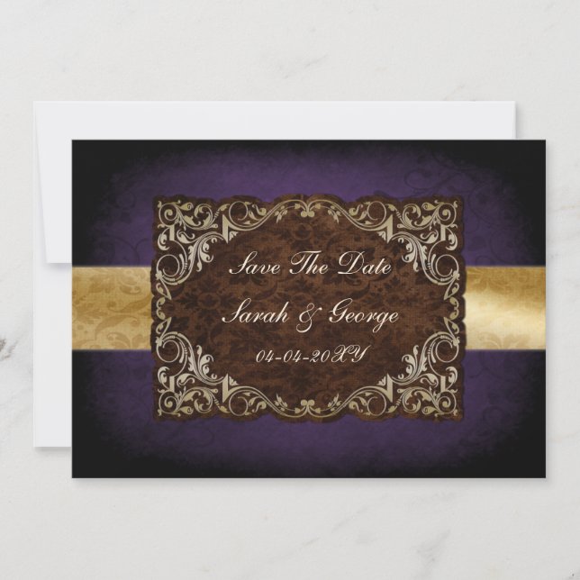 Rustic Regal Ornamental Purple And Gold Wedding Save The Date (Front)