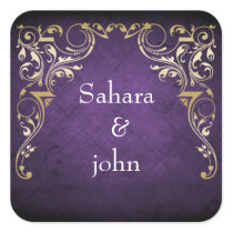 Rustic Regal Ornamental Purple And Gold Wedding Square Sticker