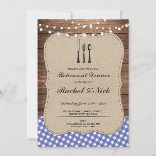 Rustic Rehearsal Dinner Cutlery Blue Check Invite