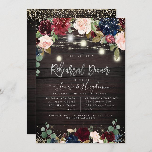 Rustic Rehearsal Dinner Mason Jars Light Strings Invitation (Front/Back)