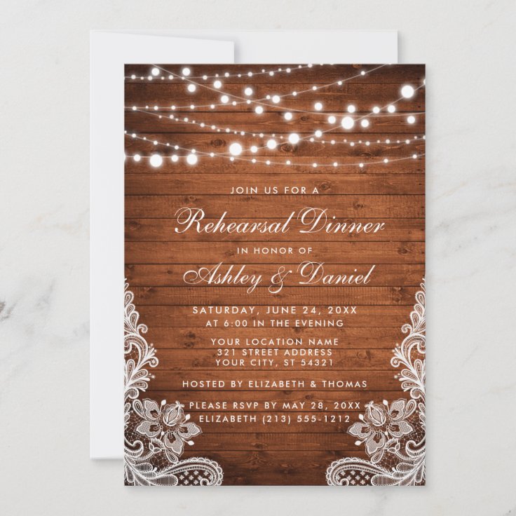 Rustic Rehearsal Dinner Wood String Lights Lace Invitation | Zazzle