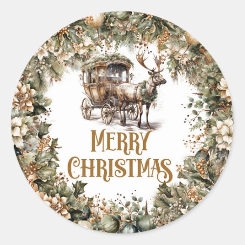 Rustic Reindeer and sleigh greenery and gold chic Classic Round Sticker