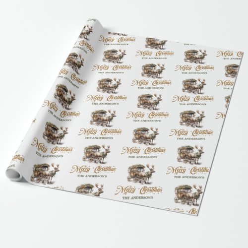 Rustic Reindeer and sleigh greenery and gold chic Wrapping Paper