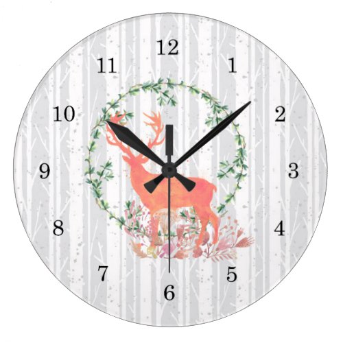 Rustic Reindeer Boho Watercolor Large Clock