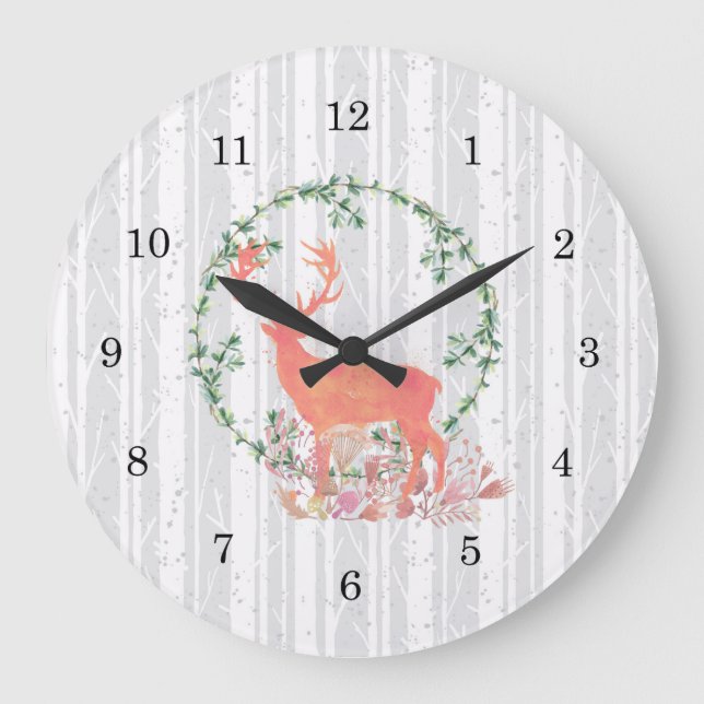 Rustic Reindeer Boho Watercolor Large Clock (Front)