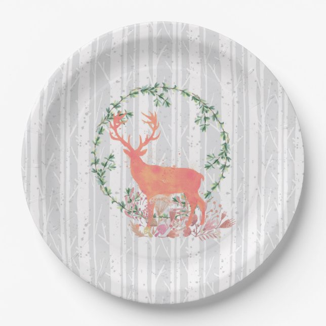 Rustic Reindeer Boho Watercolor Paper Plates (Front)