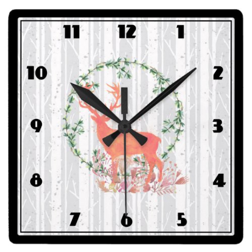 Rustic Reindeer Boho Watercolor Square Wall Clock