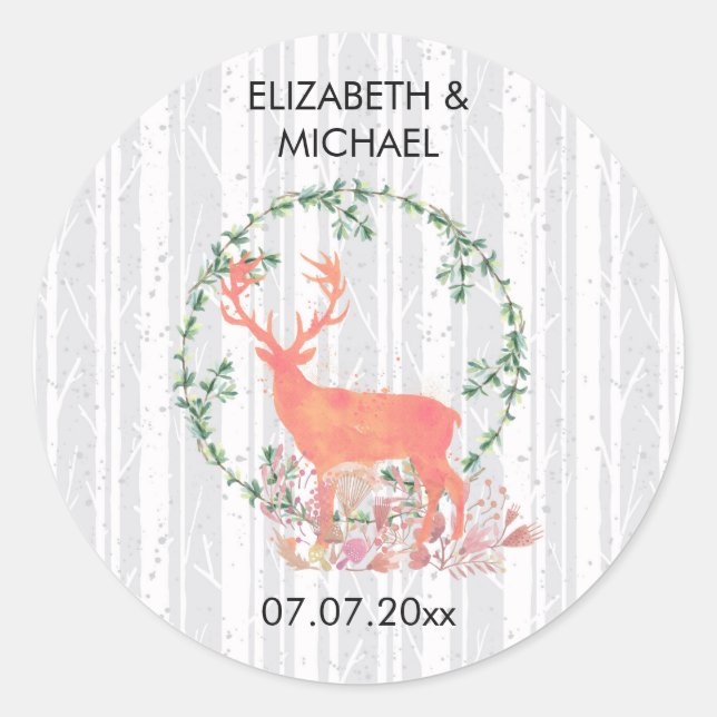 Rustic Reindeer Boho Watercolor Wedding Classic Round Sticker (Front)