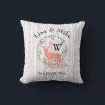 Rustic Reindeer Boho Watercolor Wedding Monogram Throw Pillow<br><div class="desc">A newlywed couple pillow with a digital watercolor design. A pastel orange reindeer silhouette inside a wreath of herbal leaves. Mushrooms and forest ferns at his feet.
A gray and white birch tree pattern in the background.  Personalize with your names,  wedding date and Monogram Initial for your last name.</div>
