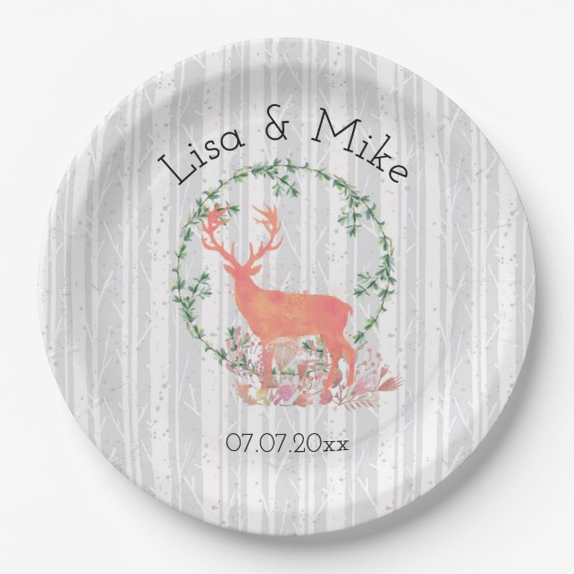 Rustic Reindeer Boho Watercolor Wedding Paper Plates (Front)