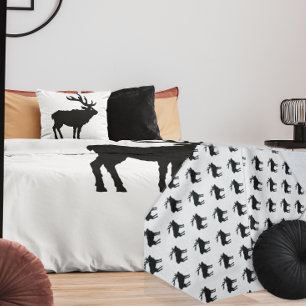 Rustic Reindeer Deer White Black Forest Pattern Duvet Cover
