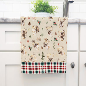 Rustic Reindeer Farmhouse Family Name Monogram Kitchen Towel