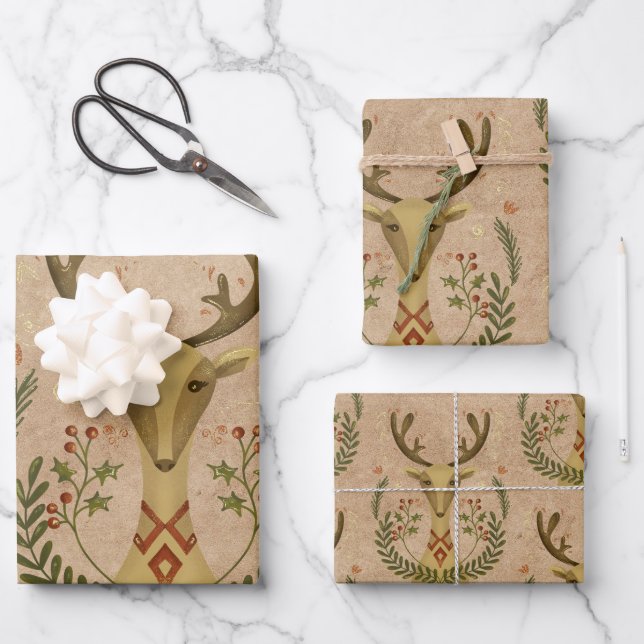 Rustic Reindeer Folk Art Vintage Wrapping Paper Sheets (Front)