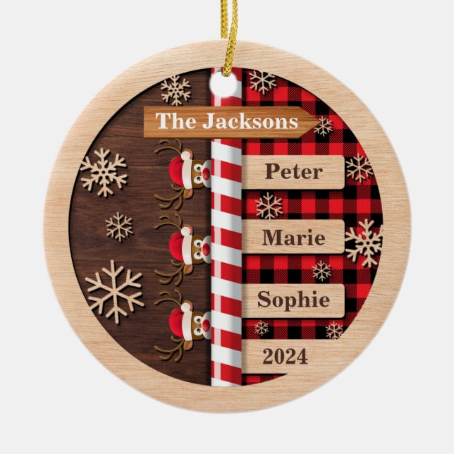 Rustic Reindeer Plaid Family Christmas  Ceramic Ornament (Front)