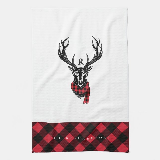 Rustic Reindeer Red Buffalo Plaid Family Monogram Kitchen Towel (Vertical)