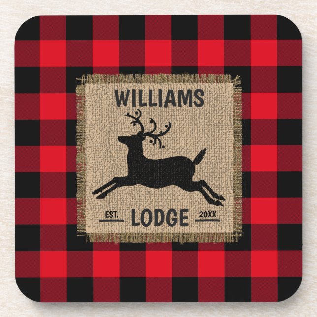 Rustic Reindeer Red Buffalo Plaid Family Name Beverage Coaster (Front)