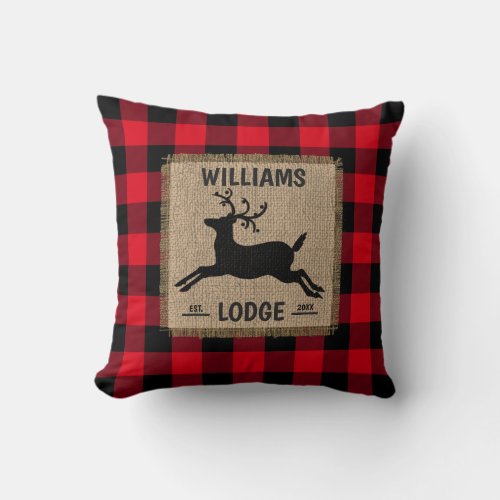 Rustic Reindeer Red Buffalo Plaid Family Name Throw Pillow