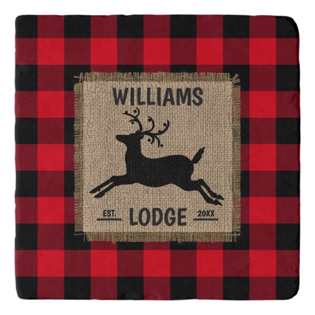 Rustic Reindeer Red Buffalo Plaid Family Name  Trivet (Front)